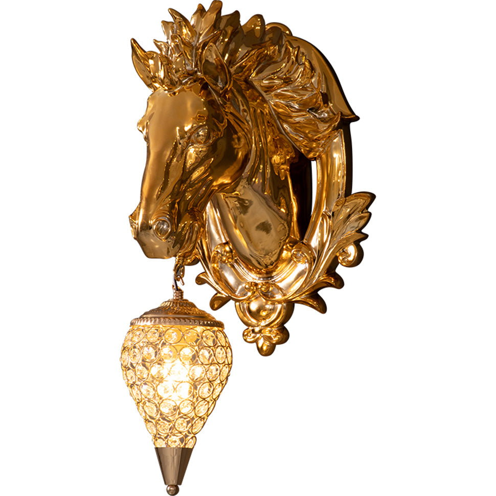 ALDO Lighting > Lighting Fixtures > Ceiling Light Fixtures 22.44 " L x 14.17 " W x 9.84 " H. Lampshade diameter is 6.29 inch. / Gold / resin and grlass European Retro Sculptural Golden Horse Head Lamp Sconce Light, Indoor Fixture