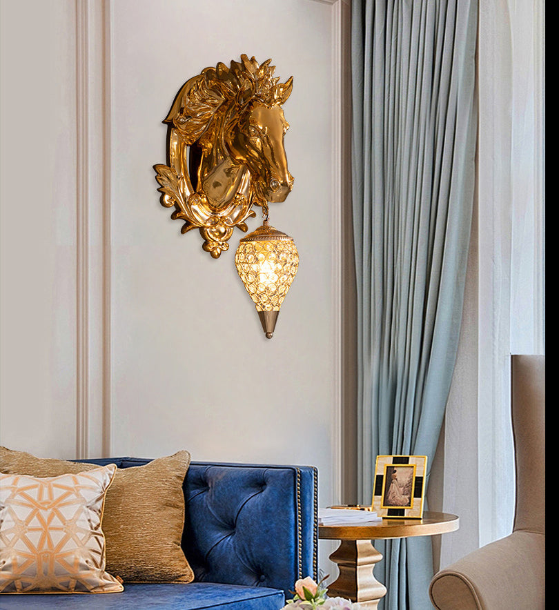ALDO Lighting > Lighting Fixtures > Ceiling Light Fixtures 22.44 " L x 14.17 " W x 9.84 " H. Lampshade diameter is 6.29 inch. / Gold / resin and grlass European Retro Sculptural Golden Horse Head Lamp Sconce Light, Indoor Fixture