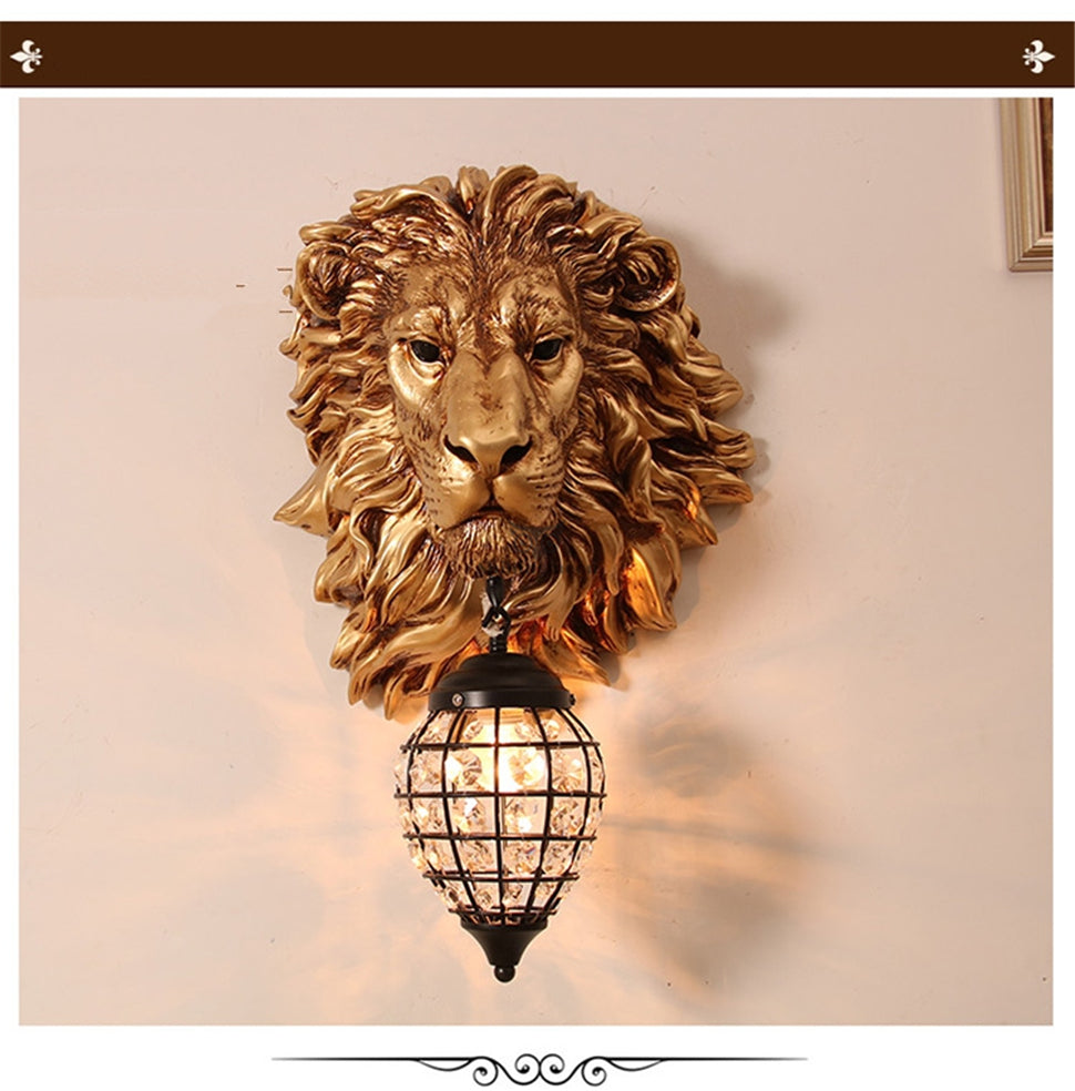 ALDO Lighting > Lighting Fixtures > Ceiling Light Fixtures 22.44 " L x 14.17 " W x 9.84 " H. Lampshade diameter is 6.29 inch. / Gold / resin and grlass European Retro Sculptural Golden Lion Head Lamp Sconce Light, Indoor Fixture