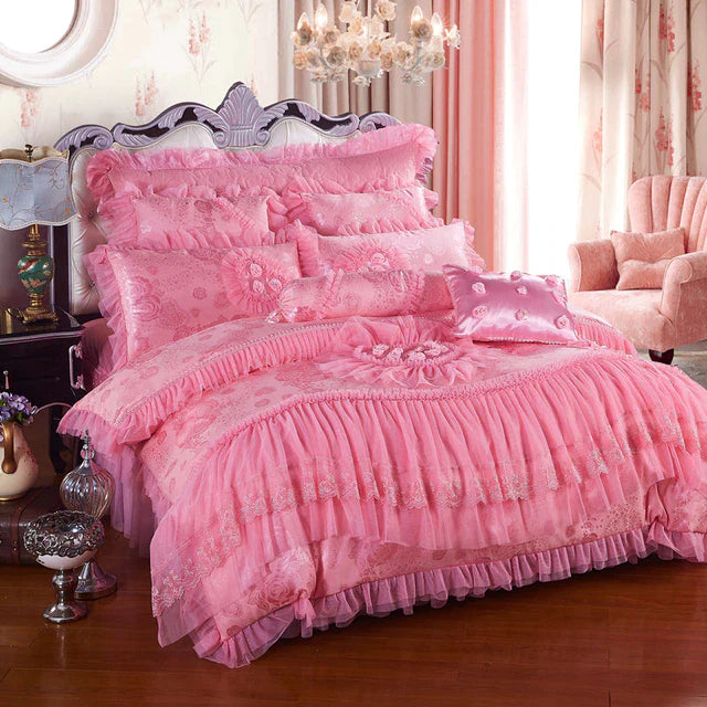 ALDO Linens & Bedding > Bedding > Quilts & Comforters D / Queen Size / 4pcs Luxury Pink Lace Princess Satin Cotton Duvet Cover Bedding Set With Pillow Covers
