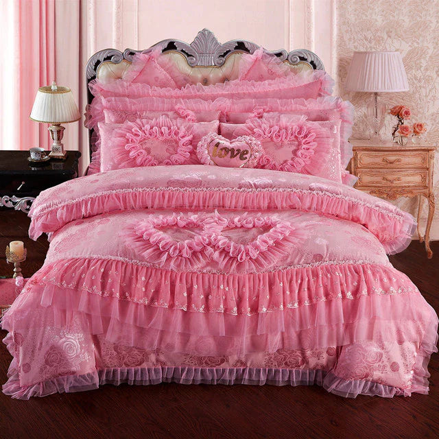 ALDO Linens & Bedding > Bedding > Quilts & Comforters F / Queen Size / 4pcs Luxury Pink Lace Princess Satin Cotton Duvet Cover Bedding Set With Pillow Covers