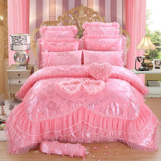 ALDO Linens & Bedding > Bedding > Quilts & Comforters H / Queen Size / 4pcs Luxury Pink Lace Princess Satin Cotton Duvet Cover Bedding Set With Pillow Covers