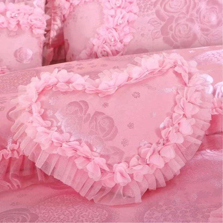 ALDO Linens & Bedding > Bedding > Quilts & Comforters Luxury Pink Lace Princess Satin Cotton Duvet Cover Bedding Set With Pillow Covers