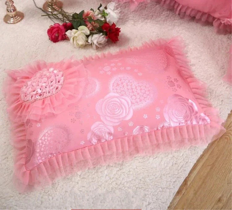 ALDO Linens & Bedding > Bedding > Quilts & Comforters Luxury Pink Lace Princess Satin Cotton Duvet Cover Bedding Set With Pillow Covers