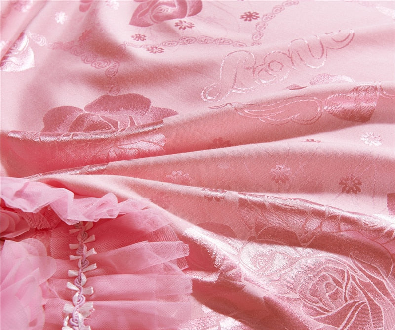 ALDO Linens & Bedding > Bedding > Quilts & Comforters Luxury Pink Lace Princess Satin Cotton Duvet Cover Bedding Set With Pillow Covers