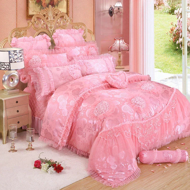 ALDO Linens & Bedding > Bedding > Quilts & Comforters Luxury Pink Lace Princess Satin Cotton Duvet Cover Bedding Set With Pillow Covers
