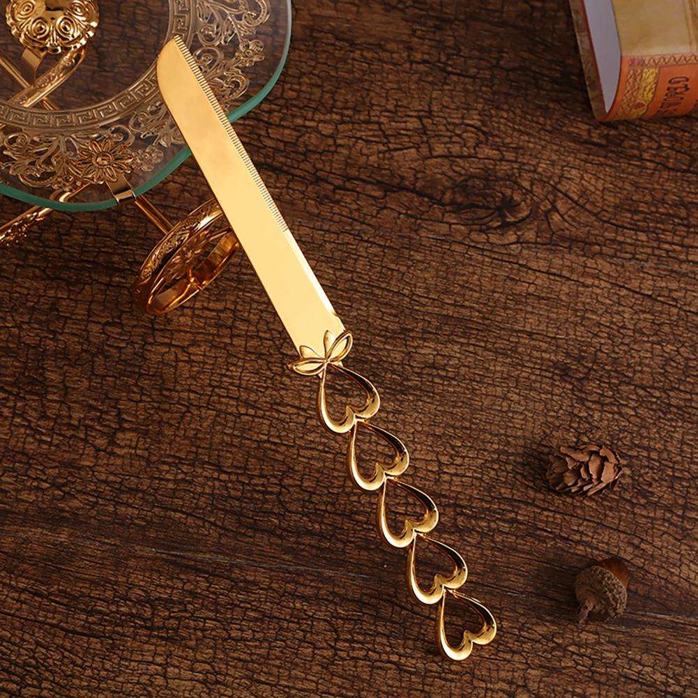 ALDO Party & Celebration > Party Supplies > Party Favors > Wedding Favors New / Stainless steel / Cake Knife cutter: 25.5cm x 2cm/10.04" x 0.79" inch 26cm x 5.7cm/10.24" x 2.24" Beutiful Laxury Bride and Groom French Court Golden Heart Hendle Cake Knife and Cake Shovel Set