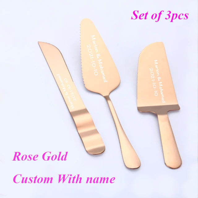 ALDO Party & Celebration > Party Supplies > Party Favors > Wedding Favors New / Stainless steel / Cake Knife cutter: 7.8inch/20cm Cake shovel: 9inch/23cm Laxury Bride and Groom Customisable Rose Gold Cake Knife and Cake Shovel and Baking Tool Set