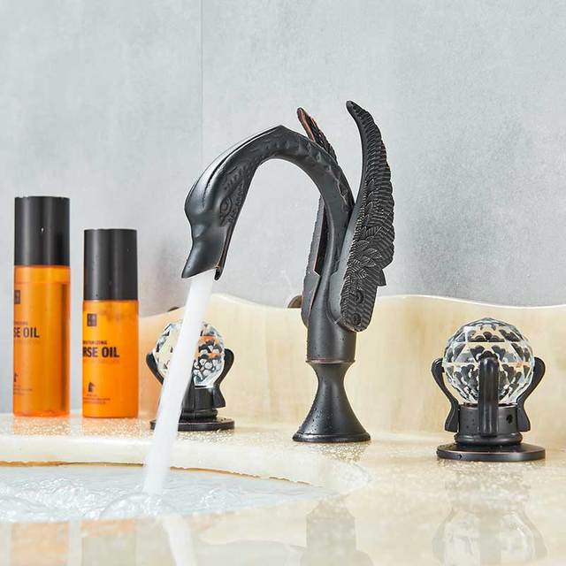 ALDO Plumbing Fixture Hardware & Parts > Faucet Accessories > Faucet Handles & Controls Black Contemporary Swan Bathroom Basin Faucet Brass Deck Mounted Double Crystal Handles