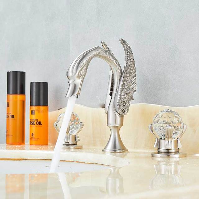 ALDO Plumbing Fixture Hardware & Parts > Faucet Accessories > Faucet Handles & Controls Brushed Nickel Contemporary Swan Bathroom Basin Faucet Brass Deck Mounted Double Crystal Handles