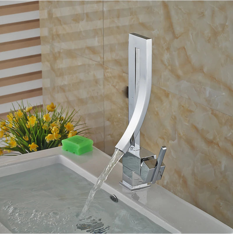 ALDO Plumbing Fixture Hardware & Parts > Faucet Accessories > Faucet Handles & Controls Chrome Luxury Contemporary Style Bathroom Waterfall Twisted Tower Basin Faucet.