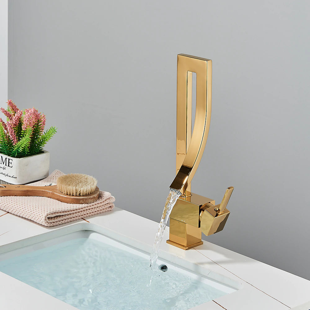 ALDO Plumbing Fixture Hardware & Parts > Faucet Accessories > Faucet Handles & Controls Gold Luxury Contemporary Style Bathroom Waterfall Twisted Tower Basin Faucet.