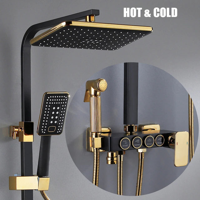 ALDO Plumbing > Plumbing Fixture Hardware & Parts > Shower Parts > Shower Heads No Thermostat Black and Gold / Brass and ABS Digital Bathroom Shower System with LED and Smart Thermostat Temperature Display Wall Mount Rainfall Head Faucet