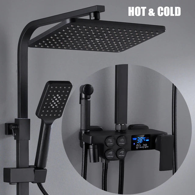 ALDO Plumbing > Plumbing Fixture Hardware & Parts > Shower Parts > Shower Heads No Thermostat Black Squere Panel / Brass and ABS Digital Bathroom Shower System with LED and Smart Thermostat Temperature Display Wall Mount Rainfall Head Faucet
