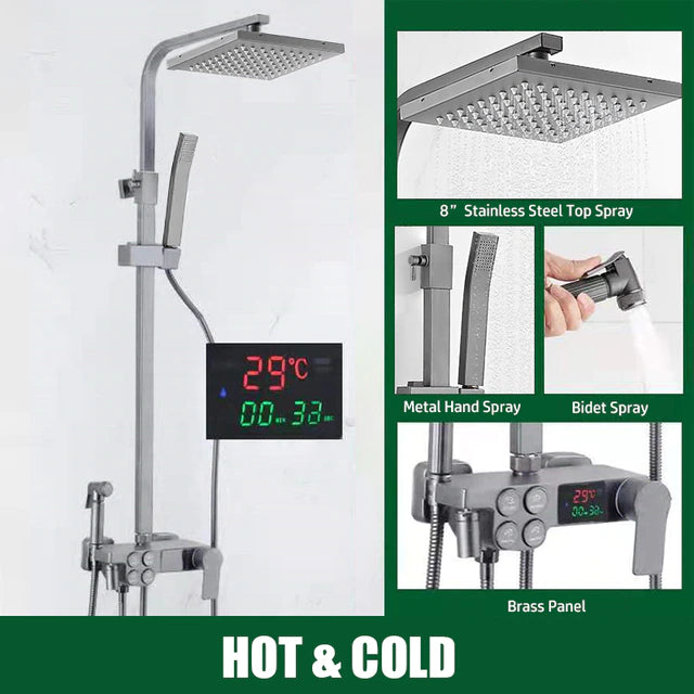 ALDO Plumbing > Plumbing Fixture Hardware & Parts > Shower Parts > Shower Heads No Thermostat Chrome Squere Panel / Brass and ABS Digital Bathroom Shower System with LED and Smart Thermostat Temperature Display Wall Mount Rainfall Head Faucet