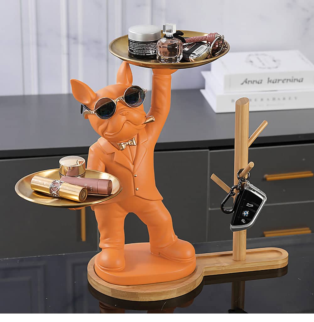ALDO Tables > Accent Tables 12.9" H. x 12" L x 9 " W / new / resin French Brown Bulldog Butler Sculptural Statue with Metal Tray and Wood Shelf