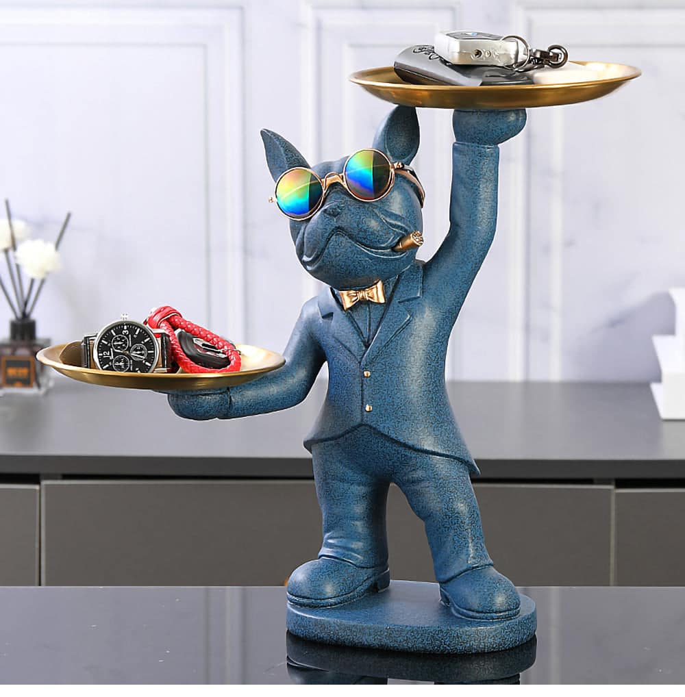 ALDO Tables > Accent Tables 12.9" H. x 12" L x 9 " W / new / resin French Bulldog Blue Butler Sculptural Statue with Metal Tray