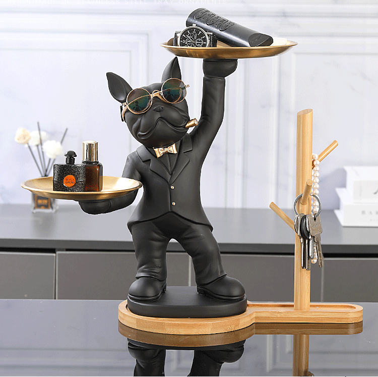ALDO Tables > Accent Tables 12.9" H. x 12" L x 9 " W / new / resin French Bulldog Butler Sculptural Statue with Metal Tray and Wood Shelf