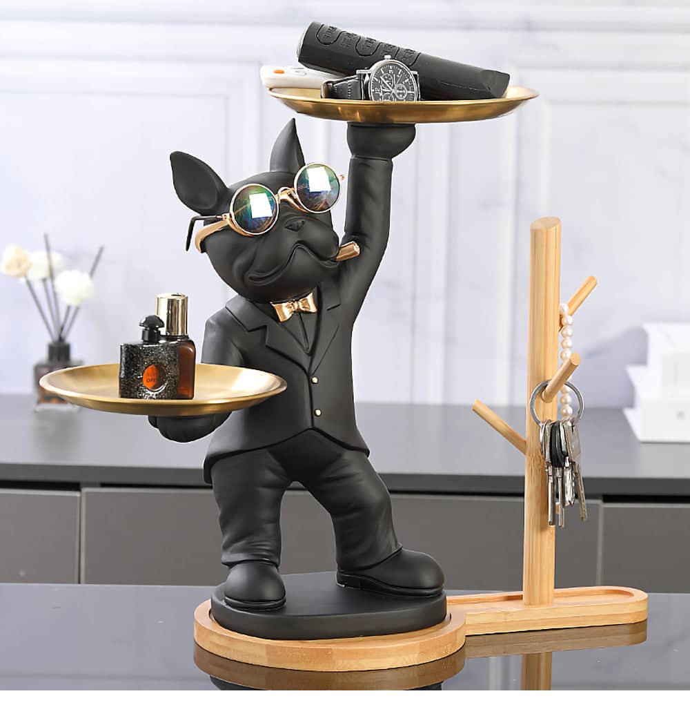 ALDO Tables > Accent Tables 12.9" H. x 12" L x 9 " W / new / resin French Bulldog Butler Sculptural Statue with Metal Tray and Wood Shelf