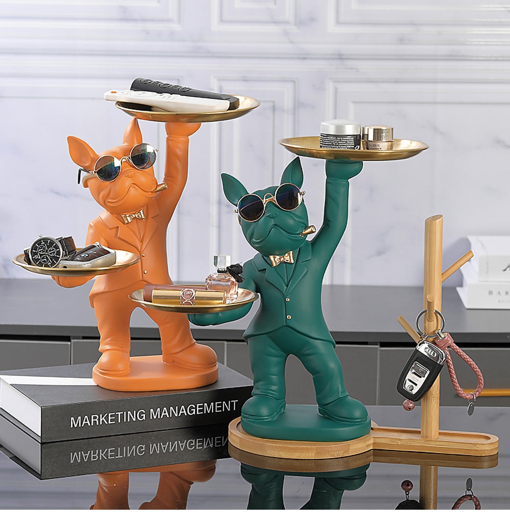 ALDO Tables > Accent Tables 12.9" H. x 12" L x 9 " W / new / resin French Bulldog Butler Sculptural Statues with Metal Tray and Key Chain Shelf Set of Two