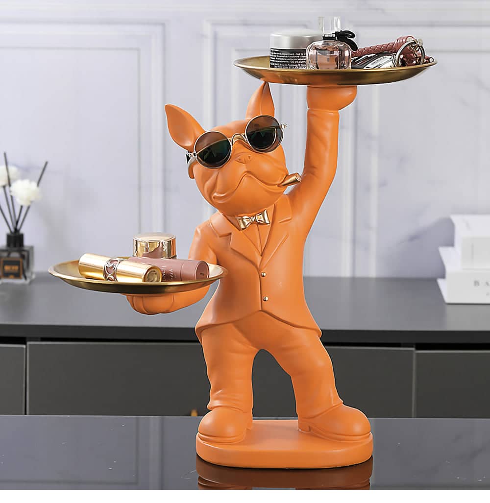 ALDO Tables > Accent Tables 12.9" H. x 12" L x 9 " W / new / resin French Bulldog Butler Sculptural Statues with Metal Tray and Key Chain Shelf Set of Two