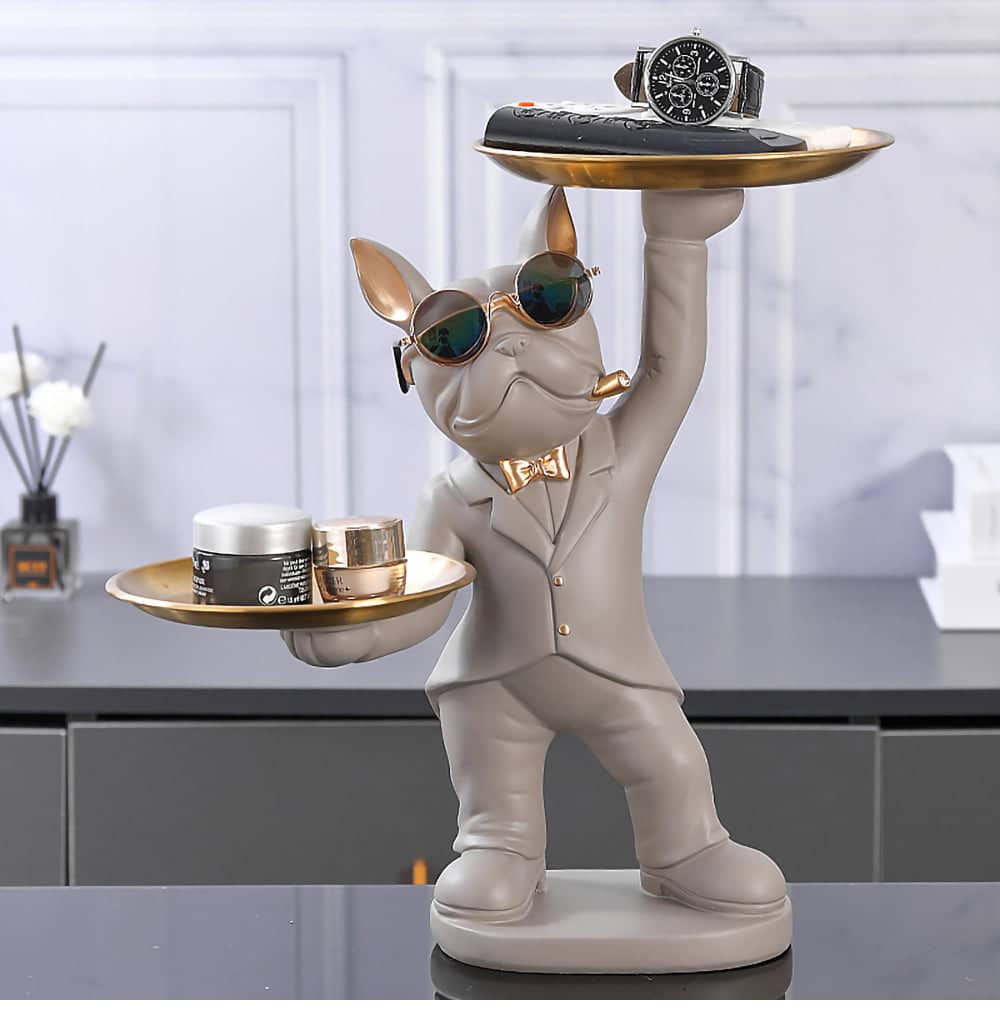 ALDO Tables > Accent Tables 12.9" H. x 12" L x 9 " W / new / resin French Bulldog Light Brown Butler Sculptural Statue with Metal Tray