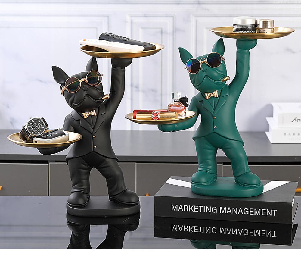 ALDO Tables > Accent Tables 12.9" H. x 12" L x 9 " W / new / resin French Bulldogs Black and Green Butler Sculptural Statues with Metal Tray Set of Two