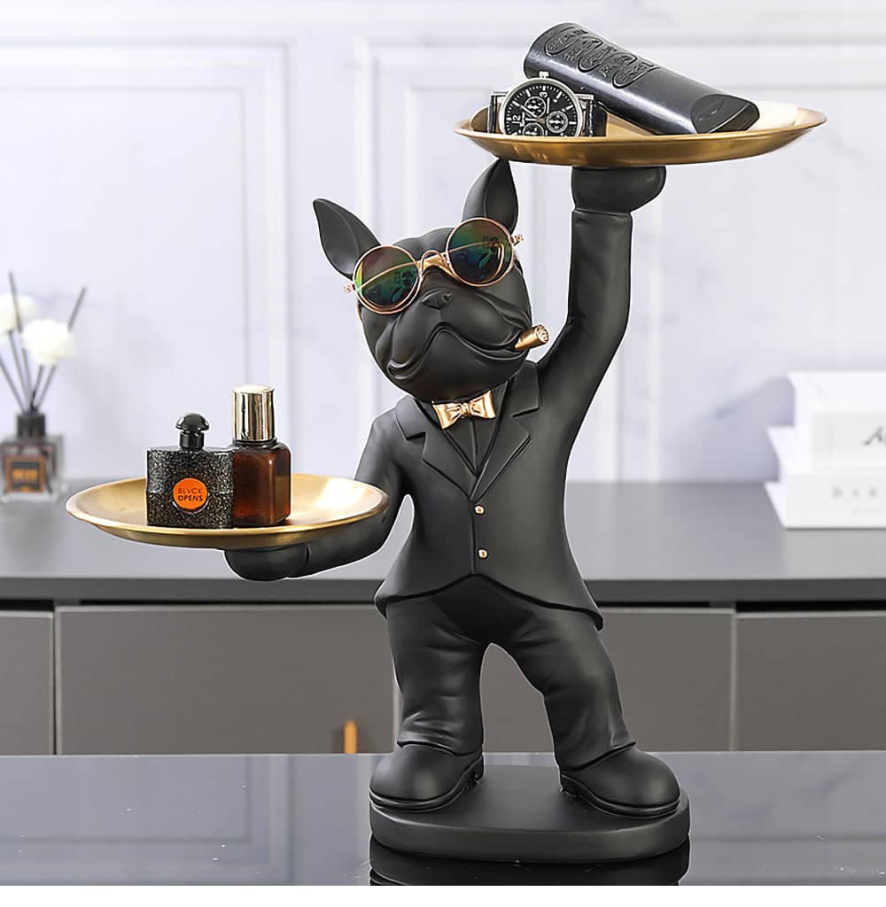 ALDO Tables > Accent Tables 12.9" H. x 12" L x 9 " W / new / resin French Bulldogs Black and Green Butler Sculptural Statues with Metal Tray Set of Two