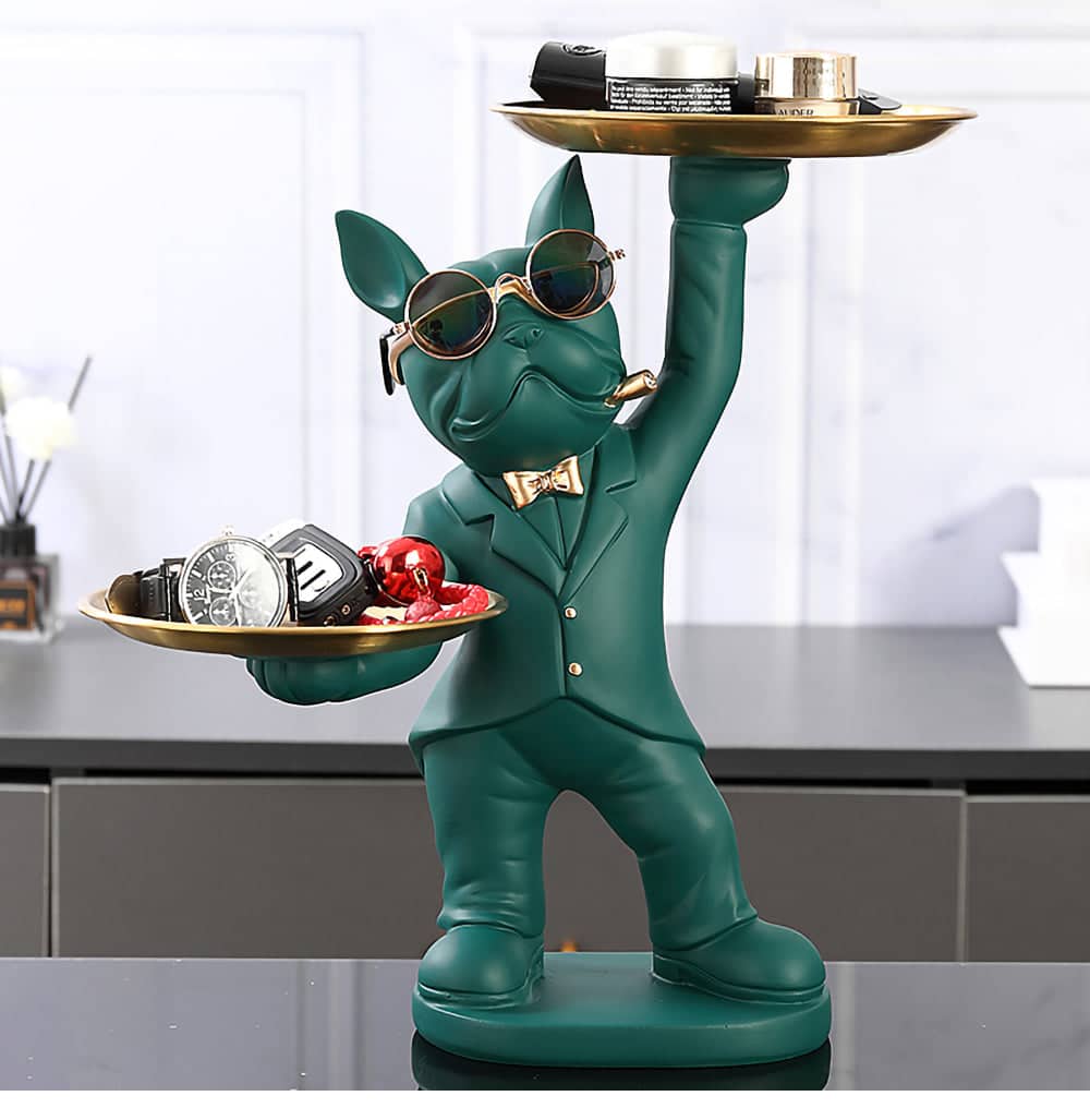 ALDO Tables > Accent Tables 12.9" H. x 12" L x 9 " W / new / resin French Bulldogs Black and Green Butler Sculptural Statues with Metal Tray Set of Two