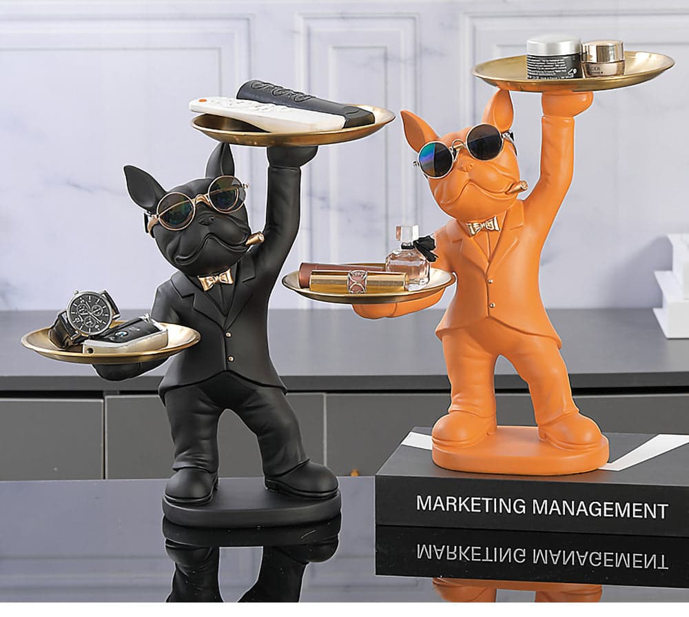 ALDO Tables > Accent Tables 12.9" H. x 12" L x 9 " W / new / resin Personal Butler French Bulldogs Black and Brown Sculptural Statues with Metal Tray Set of Two
