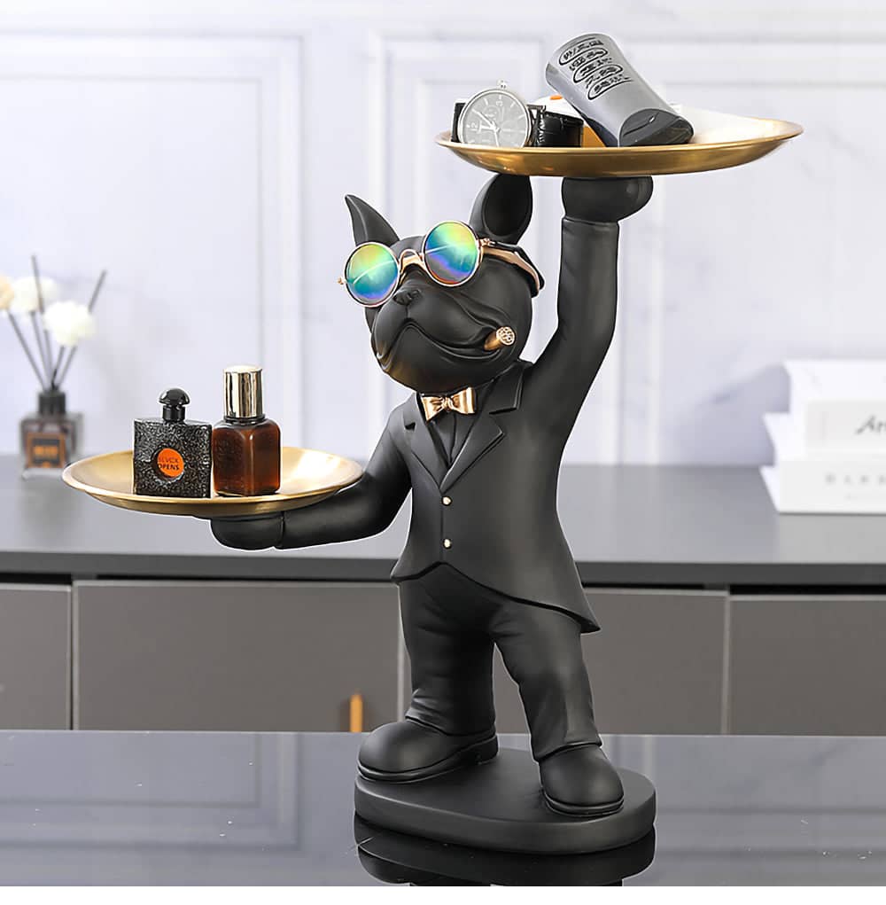 ALDO Tables > Accent Tables 12.9" H. x 12" L x 9 " W / new / resin Personal Butler French Bulldogs Black and Brown Sculptural Statues with Metal Tray Set of Two