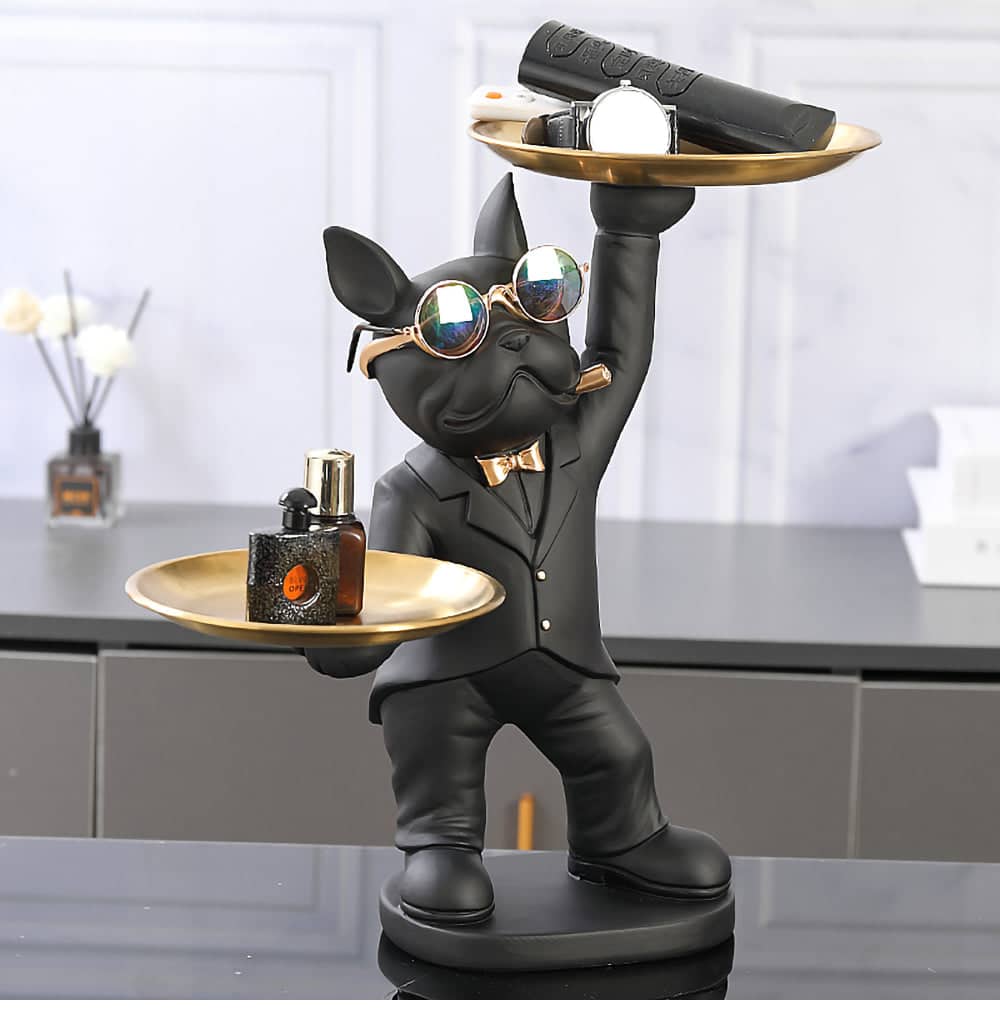 ALDO Tables > Accent Tables 12.9" H. x 12" L x 9 " W / new / resin Personal Butler French Bulldogs Black and Brown Sculptural Statues with Metal Tray Set of Two