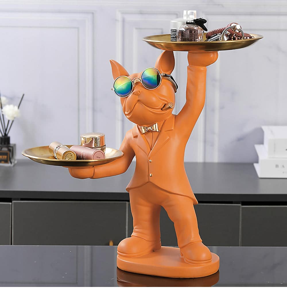ALDO Tables > Accent Tables 12.9" H. x 12" L x 9 " W / new / resin Personal Butler French Bulldogs Black and Brown Sculptural Statues with Metal Tray Set of Two