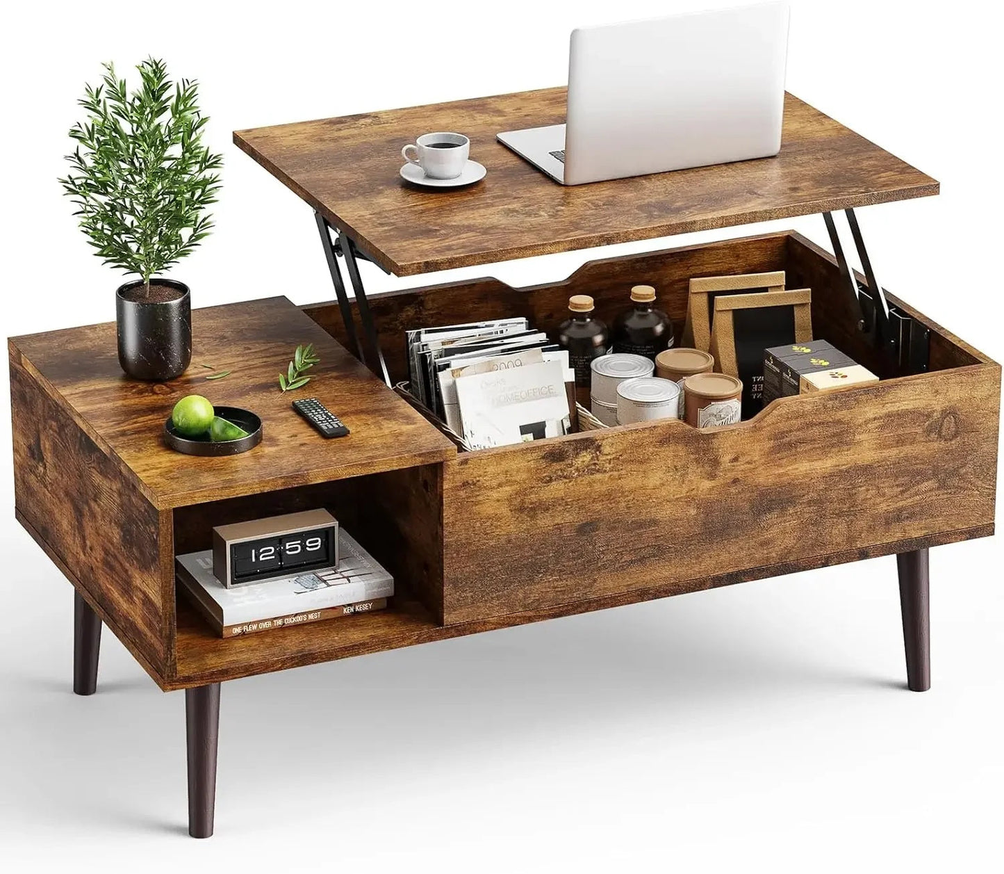 ALDO Tables > Accent Tables Brown Modern Lift Top Coffee Computor Table With Storage Shelf and Hidden Compartment