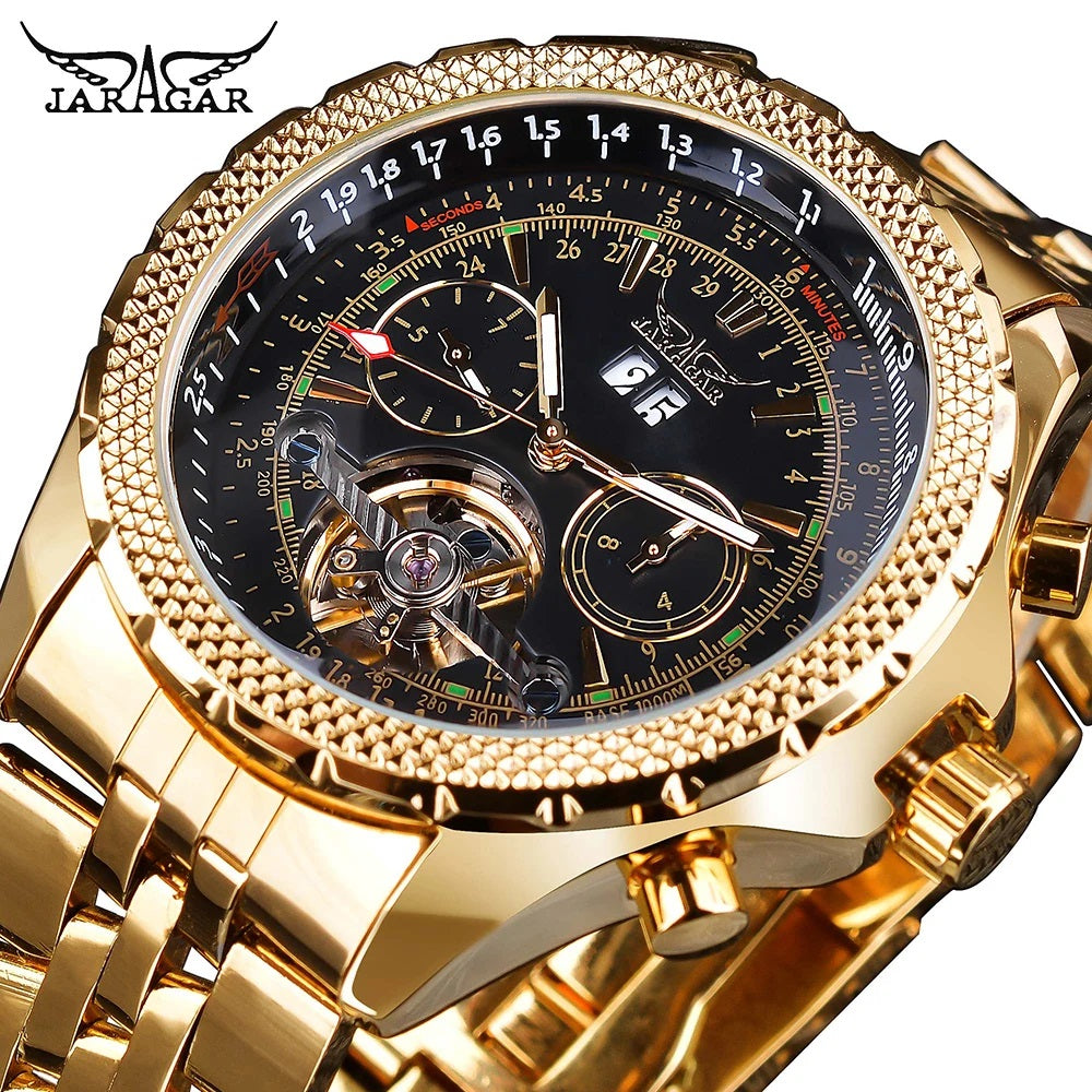 Jaragar Décor > Watches Gold Black Face Aviator Man's Luxury Wrist Sport Multifunction Watch Automatic Tourbillion Design Movement Date Day,Week & Month Calendar Waterproof