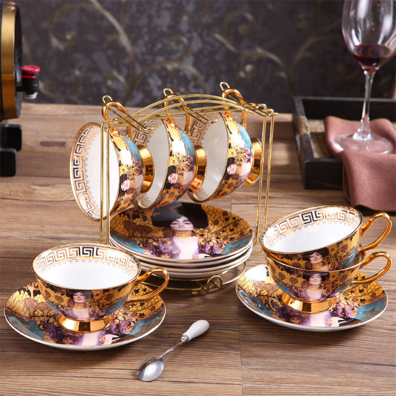 Gustav Klimt Art  Style Coffee and Tea Set with Hand Made Fine Porcelain 24 karat Gold Plated