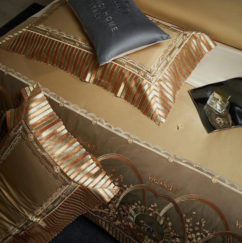 ALDO Bedding >Comforters & Sets Luxury Gold Horse Lace Edge Embroidery Palace Bedding Set Bamboo Fiber Cotton Cozy Quilt Cover Set Bed Sheet & Pillowcases