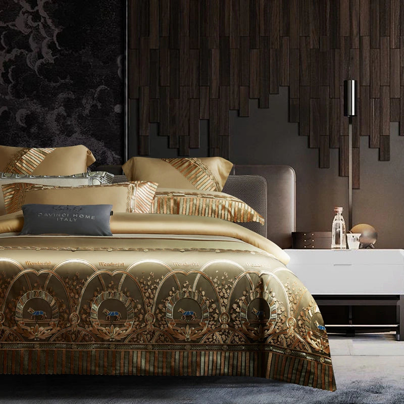 ALDO Bedding >Comforters & Sets Luxury Gold Horse Lace Edge Embroidery Palace Bedding Set Bamboo Fiber Cotton Cozy Quilt Cover Set Bed Sheet & Pillowcases