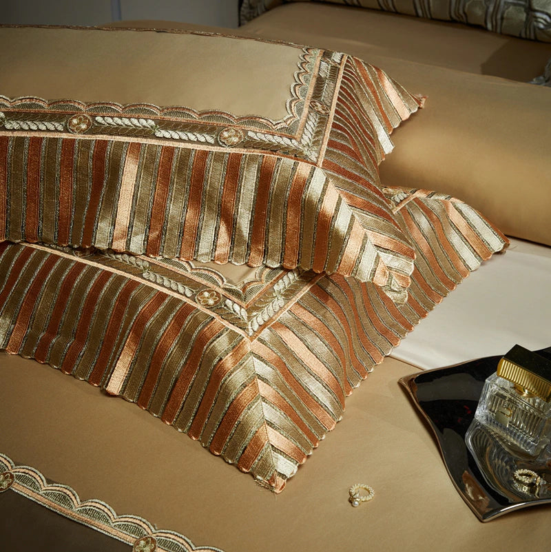 ALDO Bedding >Comforters & Sets Luxury Gold Horse Lace Edge Embroidery Palace Bedding Set Bamboo Fiber Cotton Cozy Quilt Cover Set Bed Sheet & Pillowcases