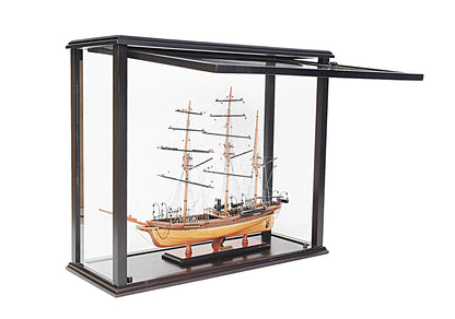 ALDO Creative Arts Collectibles Scale Model Outside:  L: 35.4 W: 13.5 H: 29.5 Inches  Inside: L: 32.5 x W: 12 x H: 29 inches. / NEW / Mahogany Wood with Plexiglass Panels Display Case Front Open Table Top Wood with Plexiglass Panels Cabinet for Midsize Tall Ship  and BoatsModels