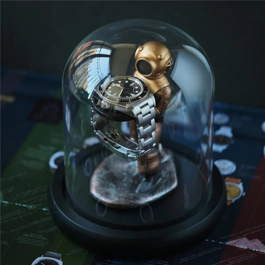 ALDO Décor > Watches Bronze Diver Watch Holder Charger Organizer with Plexiglass Display Bracket and Charging Cable