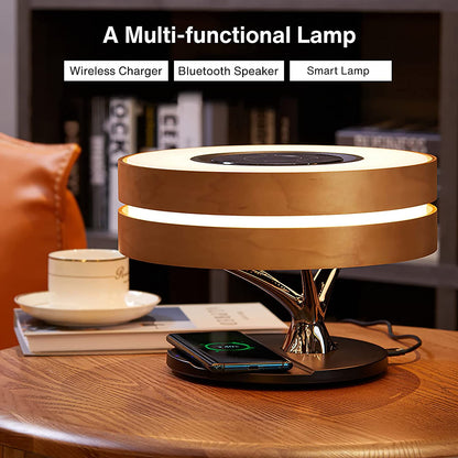 ALDO Home & Garden>Lamps> Lighting & Ceiling Fans ‎11"D x 11"W x 8"H / Wood Modern Art Deco Table Lamp Tree of Life Round Shape Smart Touch Wireless Bluetooth Speakers and Charging Pad
