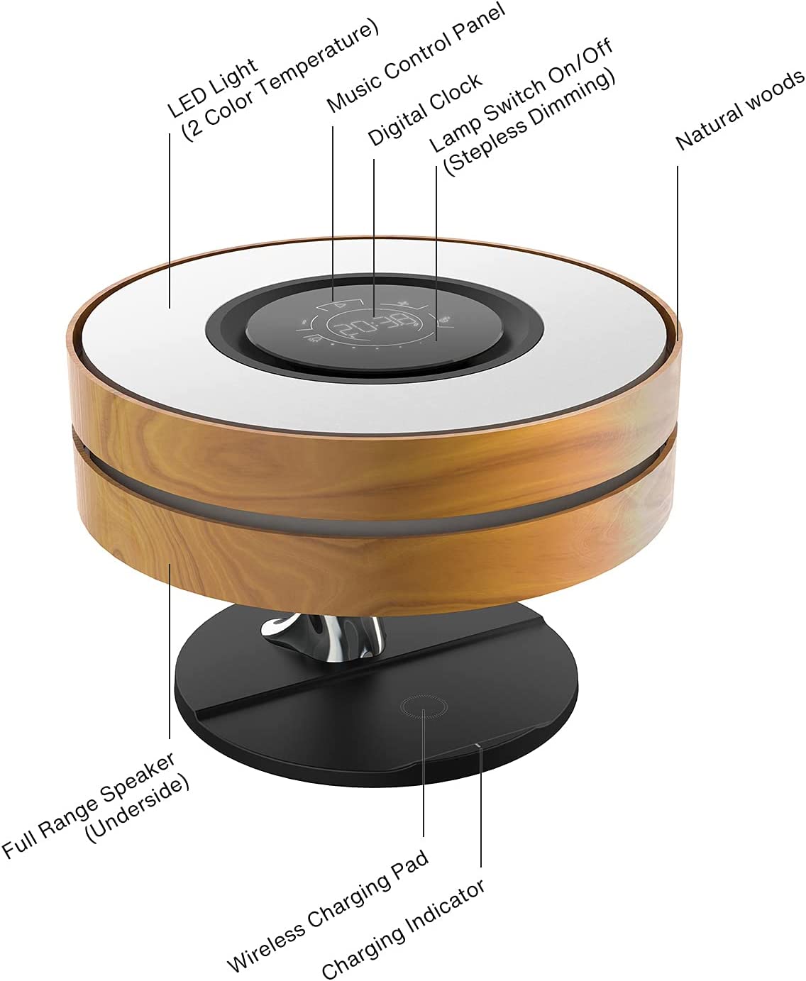 ALDO Home & Garden>Lamps> Lighting & Ceiling Fans ‎11"D x 11"W x 8"H / Wood Modern Art Deco Table Lamp Tree of Life Round Shape Smart Touch Wireless Bluetooth Speakers and Charging Pad