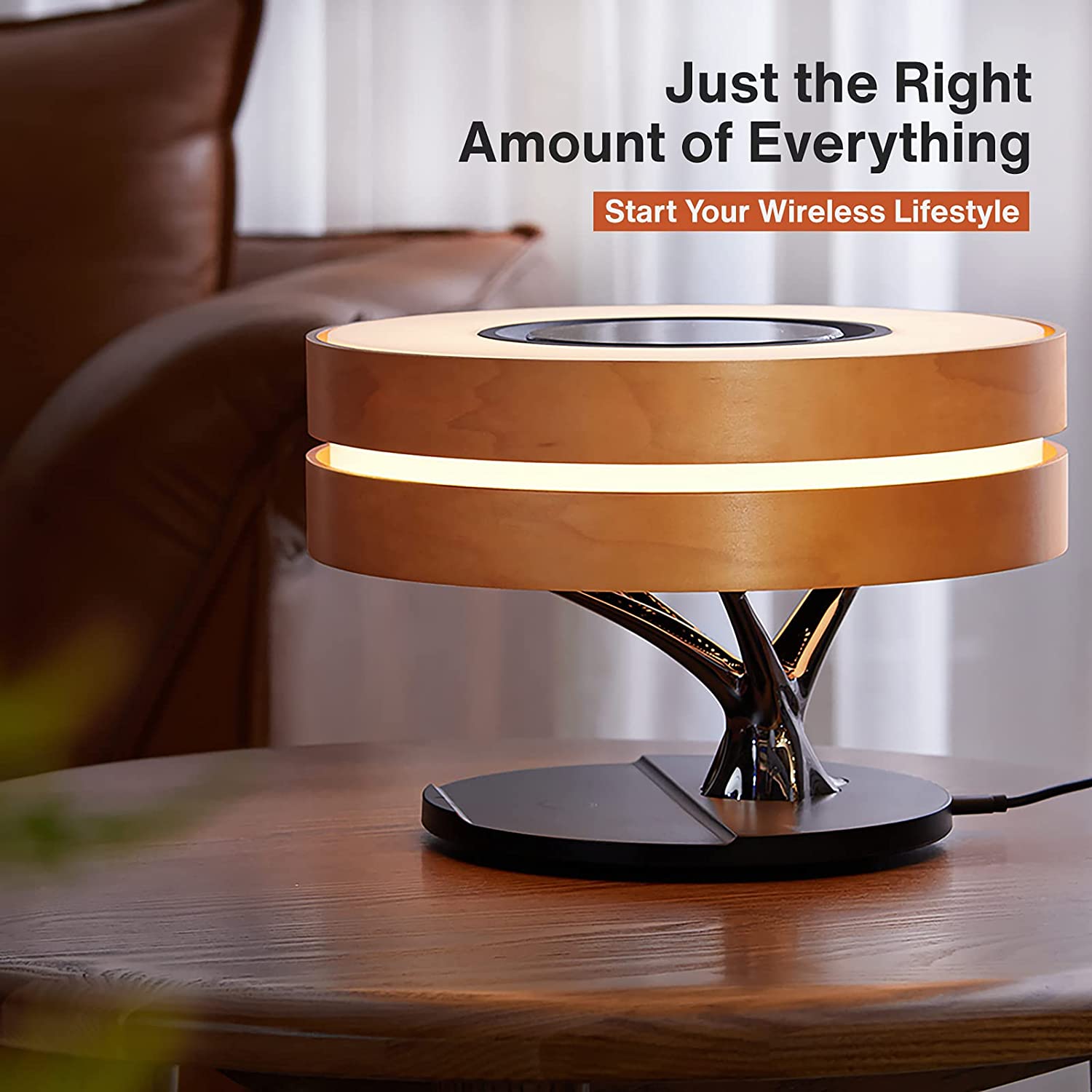 ALDO Home & Garden>Lamps> Lighting & Ceiling Fans ‎11"D x 11"W x 8"H / Wood Modern Art Deco Table Lamp Tree of Life Round Shape Smart Touch Wireless Bluetooth Speakers and Charging Pad