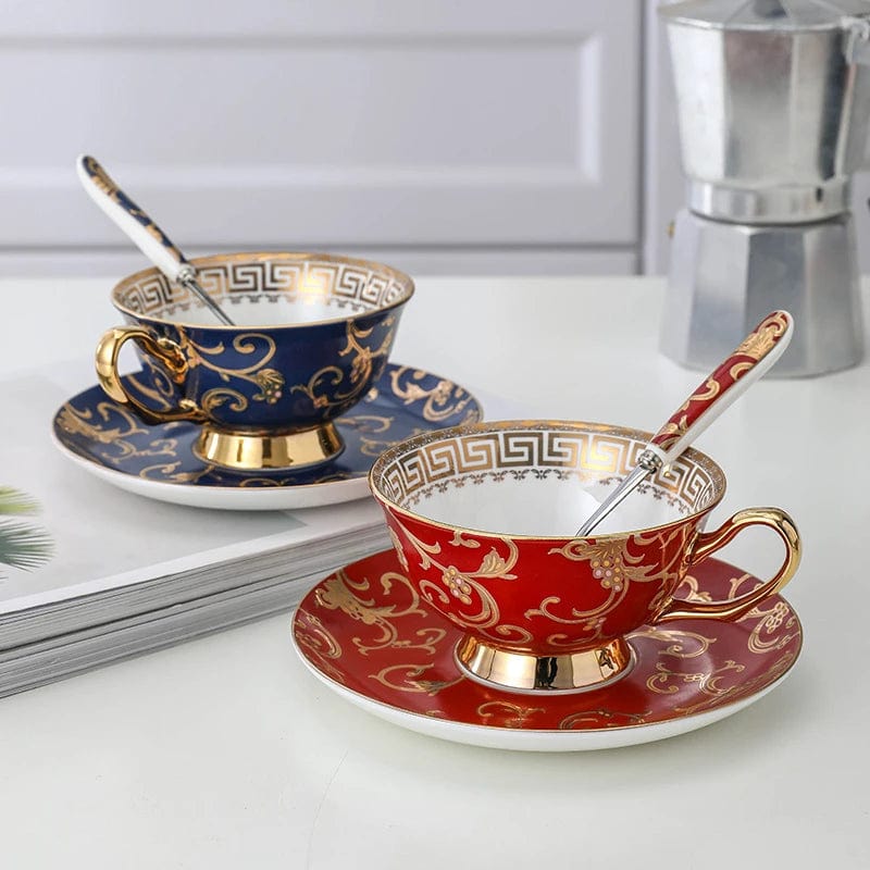 ALDO Home & Kitchen>Cups, Mugs, & Saucers Porcelain Luxury Coffee or Tea Cup Gold Plated Fantasy Style with Saucer and Spoon