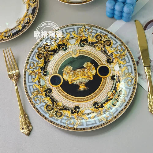 ALDO Home & Kitchen>Dinner Set 8-inch plate Gold and Black Luxury Versace  Style Fine Porcelain Dinner Plates and CoffeeTea Sets