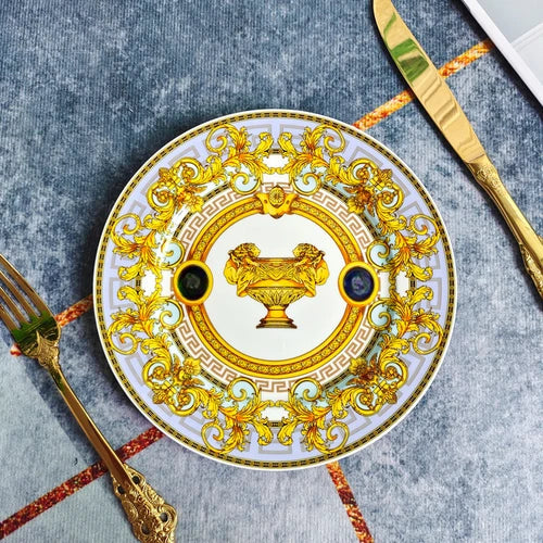 ALDO Home & Kitchen>Dinner Set 8-inch plate Gold Luxury Versace  Style Fine Porcelain Dinner Plates and CoffeeTea Sets