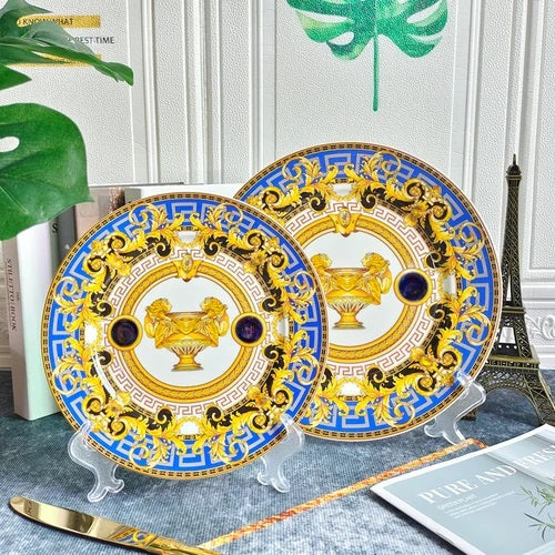 ALDO Home & Kitchen>Dinner Set 8-inches and 10-inche plates Set Blue and Gold Luxury Versace  Style Fine Porcelain Dinner Plates and CoffeeTea Sets