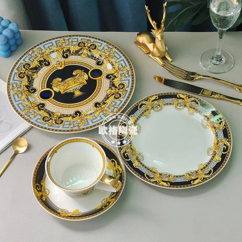 ALDO Home & Kitchen>Dinner Set Black and Gold 4 Piece set Khaki Cup Luxury Versace  Style Fine Porcelain Dinner Plates and CoffeeTea Sets