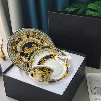 ALDO Home & Kitchen>Dinner Set Black and Gold 4 Piece set with Gray Cup Luxury Versace  Style Fine Porcelain Dinner Plates and CoffeeTea Sets